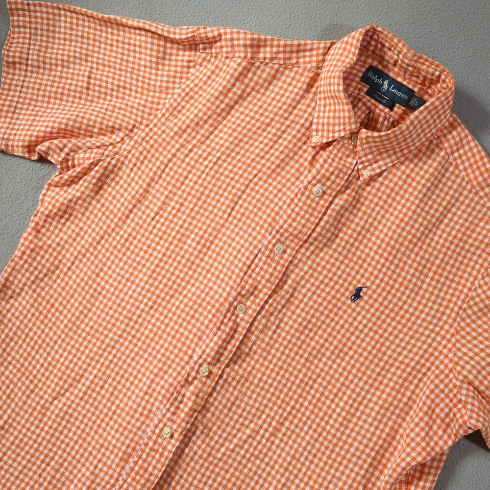 Polo Ralph Lauren Linen Button Down Shirt Mens Large Orange Gingham Short Sleeve
